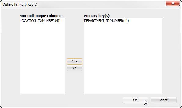 Creating a cache group Figure 9 8 Redefining a primary key In the Define Primary Key(s) dialog, the non-nullable unique columns of the corresponding Oracle database table is shown in the Non-null