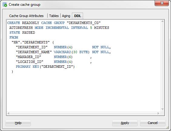 Creating a cache group Figure 9 13 Verifying the cache group definition For information about the syntax and semantics of the CREATE CACHE GROUP statement, see "CREATE CACHE GROUP" in the Oracle