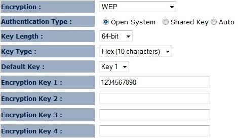 WEP Encryption: WEP Encryption Authentication Type Key type Key Length Default Key Please ensure that your wireless clients use the same authentication type.