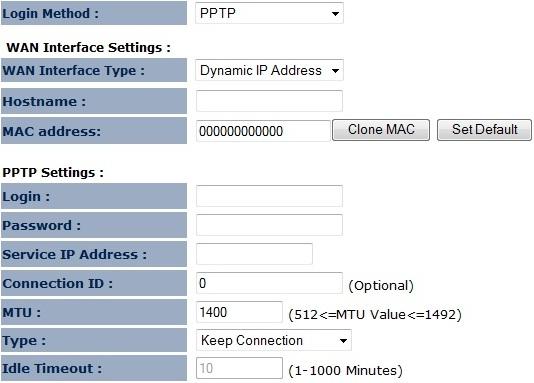 Point-to-Point Tunneling Protocol (PPTP) WAN Interface Type Hostname MAC address Login Password Service IP Address Connection ID MTU Type Idle Timeout: Select whether the ISP is set to Static IP or