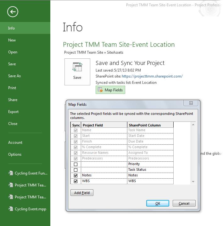 EXCHANGING TASK INFO BETWEEN PROJECT AND FIGURE 25-10 To map additional Project fields to a SharePoint Tasks List, click the Map Fields button below the Save and Sync Your Project info.