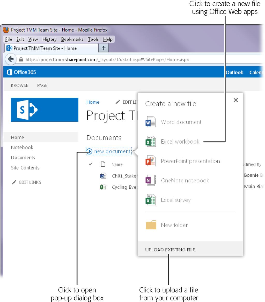 SHARING PROJECT INFO ON A FIGURE 25-3 You can upload or open documents from the SharePoint site s Home page (shown here) or Documents page.