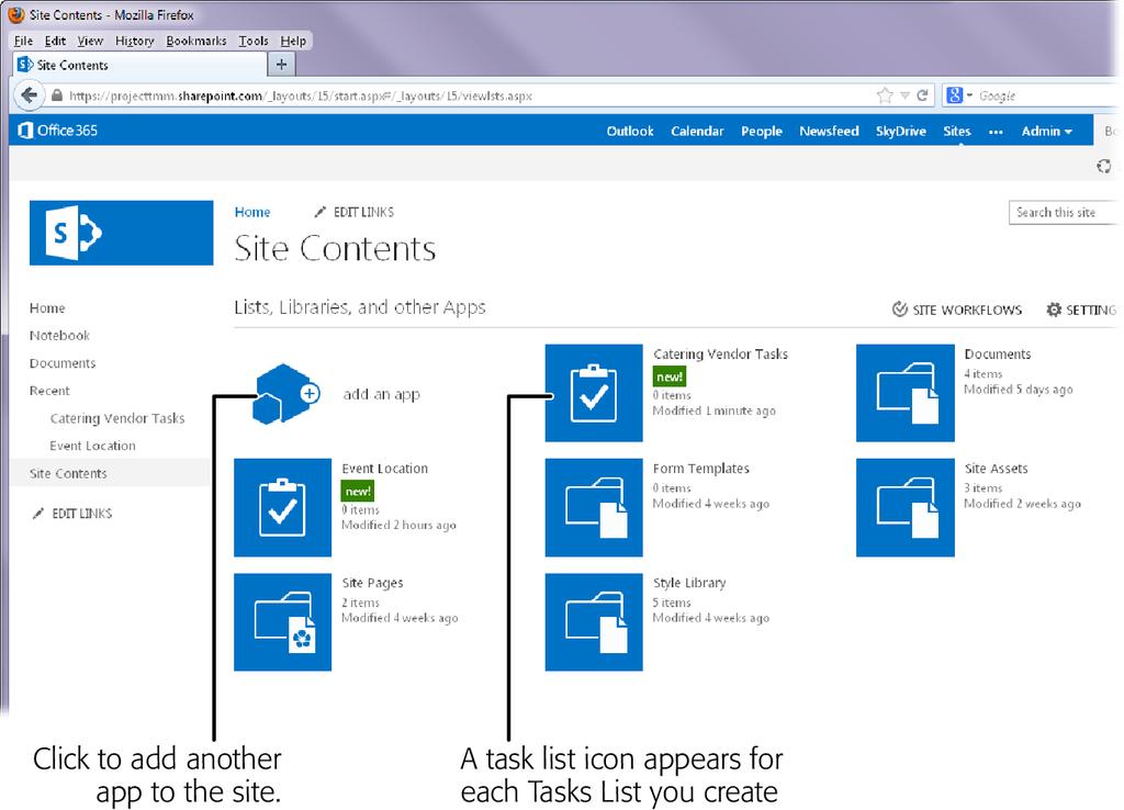 SETTING UP TASKS ON A NOTE Once you add tasks to a Tasks List in SharePoint, you can also pull them into Project to build a schedule (page 25-18).