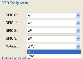 Table of Contents 54/117 Control Explanation Range of Value / Value GPIO Configuration / GPIO 0, GPIO 1, GPIO 2, GPIO 3 Voltage Selection list, which GPIO event shall be assigned to which GPIO