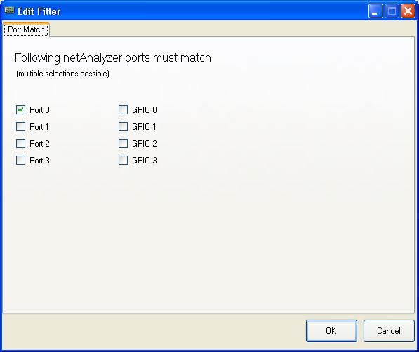 Table of Contents 66/117 5.8.5.3 Port Match In the window Edit Filter Port Match filters can be defined which will filter by specific netanalyzer ports or GPIOs.