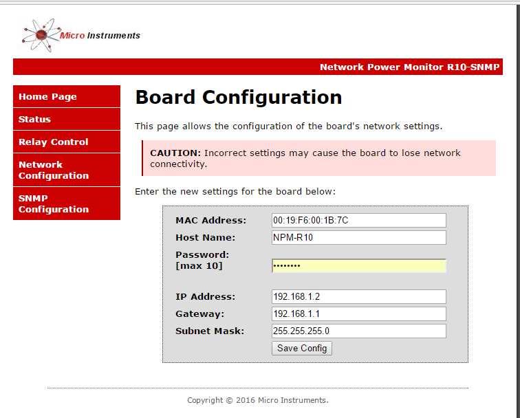 11. NETWORK CONFIGURATION PAGE Admin and admin or admin and user defines Password gains