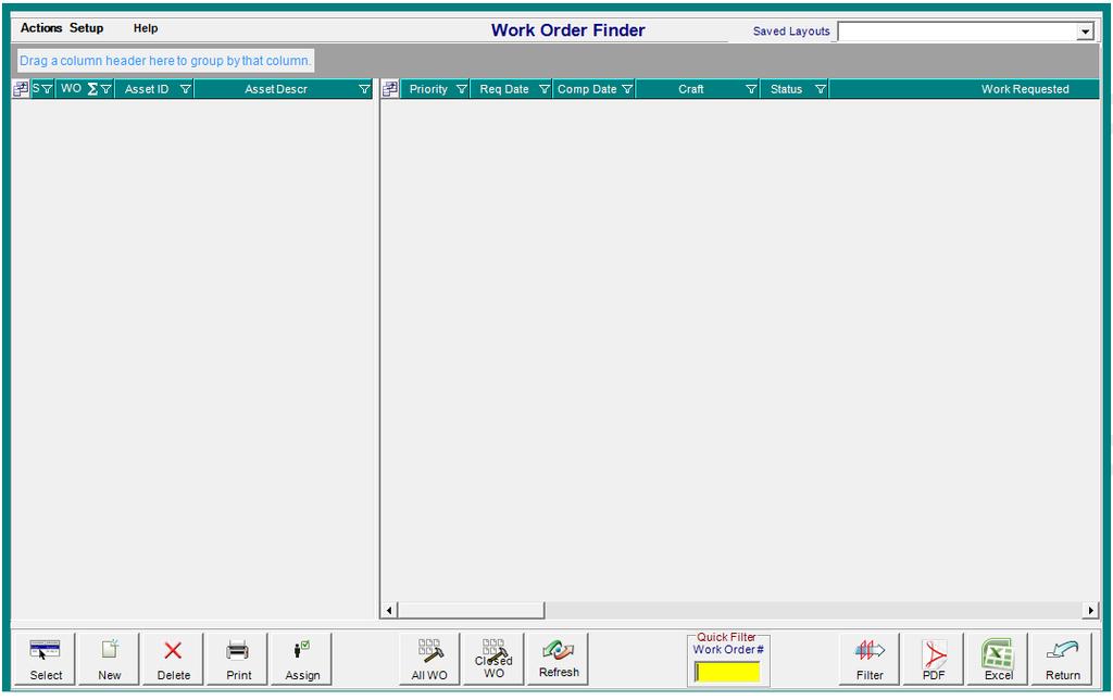 Several other functions are possible from the Work Order Finder, including: Selection of work orders for editing details or completion Initiating a new work order Printing work orders Sorting and