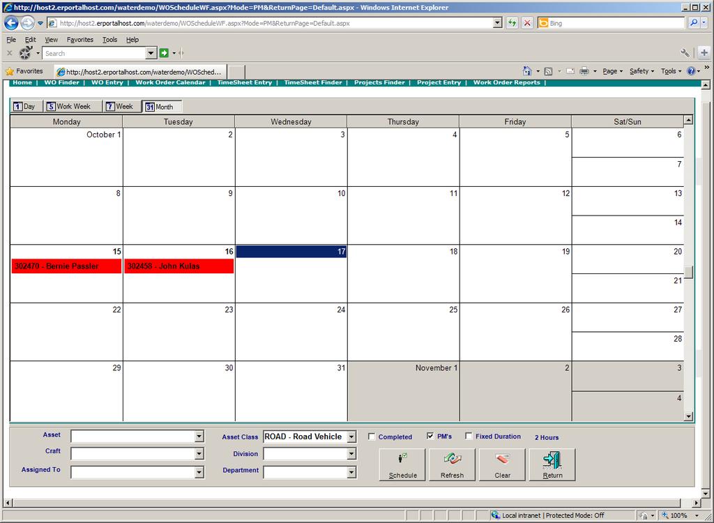 PM and Work Order Calendar Utility The lower portion of the calendar window contains a filter to enter criteria to adjust the visible work orders.