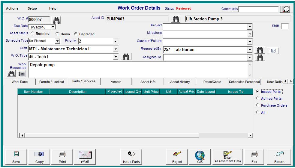 To issue parts to the work order from inventory stock: 1. Select the Issue Parts button from the right of the Work Order window. The Issue Header Information screen opens.