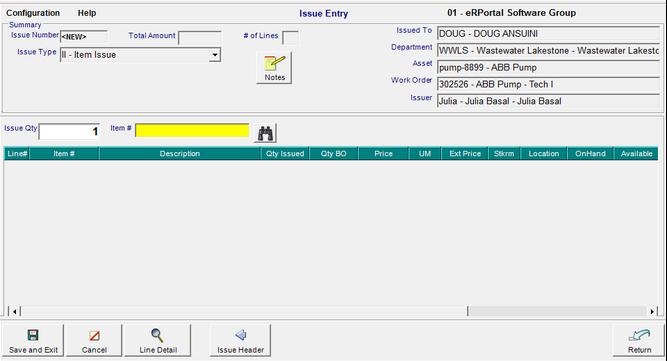 Adding Parts to the Work Order 4. When you have entered all necessary information, select the Issue Detail button from the bottom of the screen. The Issue Entry utility opens.