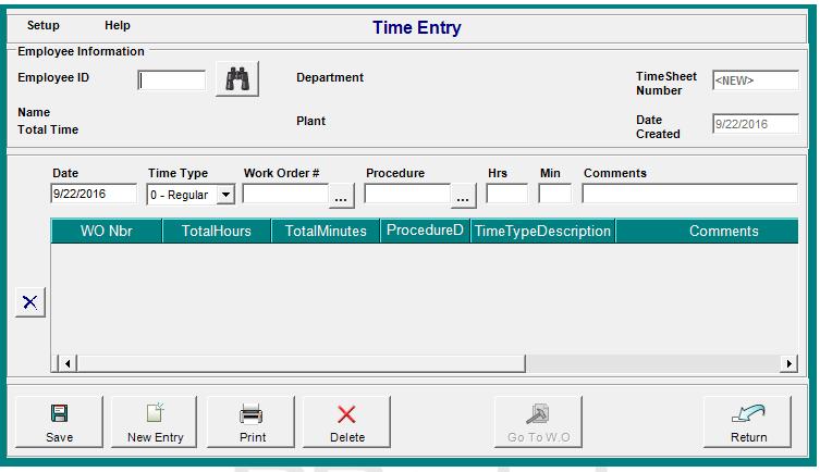 The Time Entry utility opens. If you want to open a previously created time sheet to add more time, select from the menu bar Work Orders > Time Sheet Finder. 2.