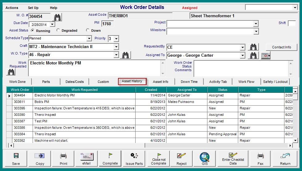 Asset History Tab The Asset History tab displays all the work orders that have been performed on the asset.