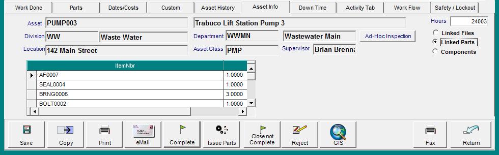 If multiple assets are attached to the work order, select the specific asset you want to view information for in the Procs tab