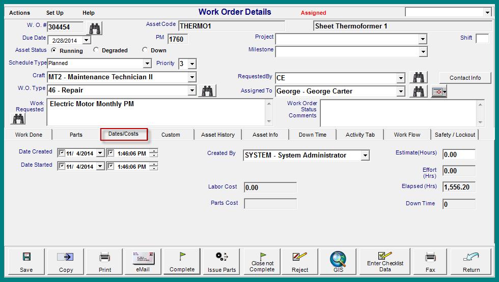 Reviewing Work Order Information in the Additional Tabs Activity Tab The Activity Tab displays all the changes and transactions that have occurred to the work order.
