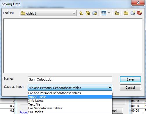 4. Choose OK. Another dialog box will open. Change the Save as type option to dbase table and choose the Save button.