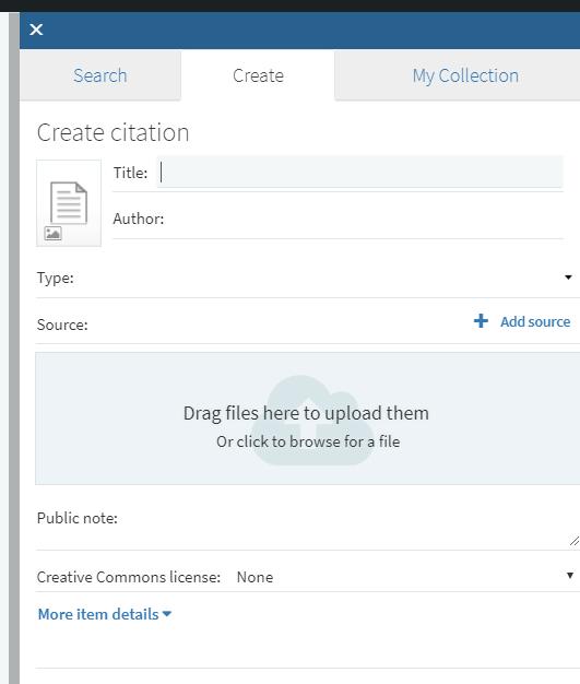 7. Create a custom citation for a link or file You can always create a citation from scratch if your resource isn t in the library. When you add a new citation, choose the Create tab.