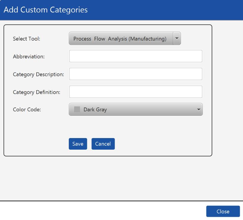 analysis, labor analysis or setup time reduction). Click on Add New Category to create a custom code.