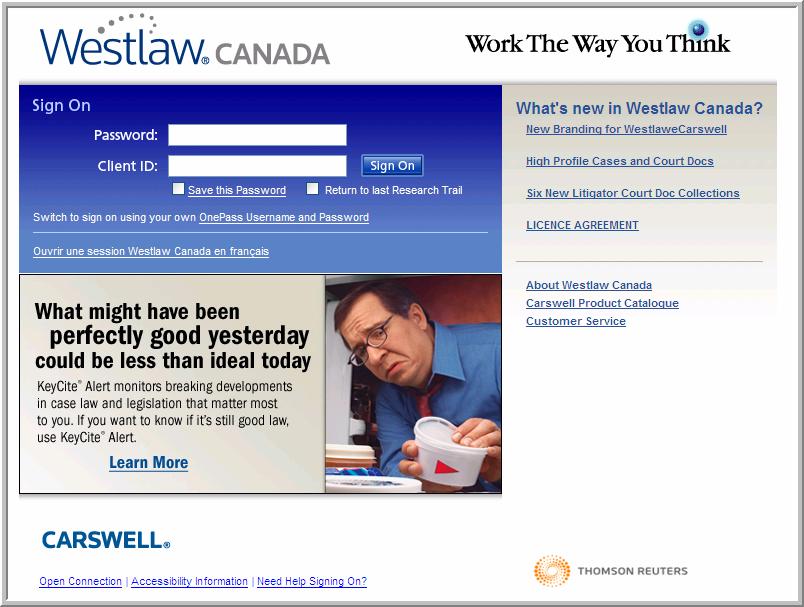 Figure 2-1: The Westlaw Canada Sign-On page 2.