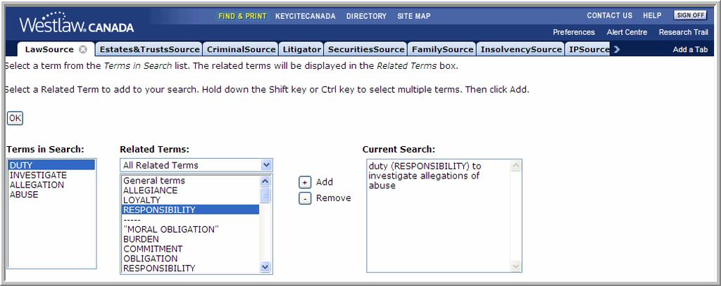 3. To add a term to your description, select a term from the Related Terms list and click Add plus sign. You may select more than one related term by pressing the Ctrl key as you select each term.
