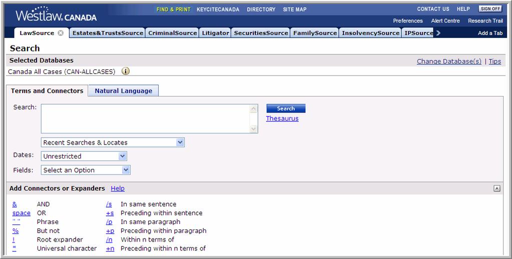 Figure 4-7: Terms and Connectors search page Choosing Search Terms Choose terms significant to your issue.