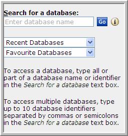 Click Change Database(s) on Terms and Connectors or Natural Language search page, type the database identifier(s) separated by commas or semicolons and click Update Database Selection, or In the