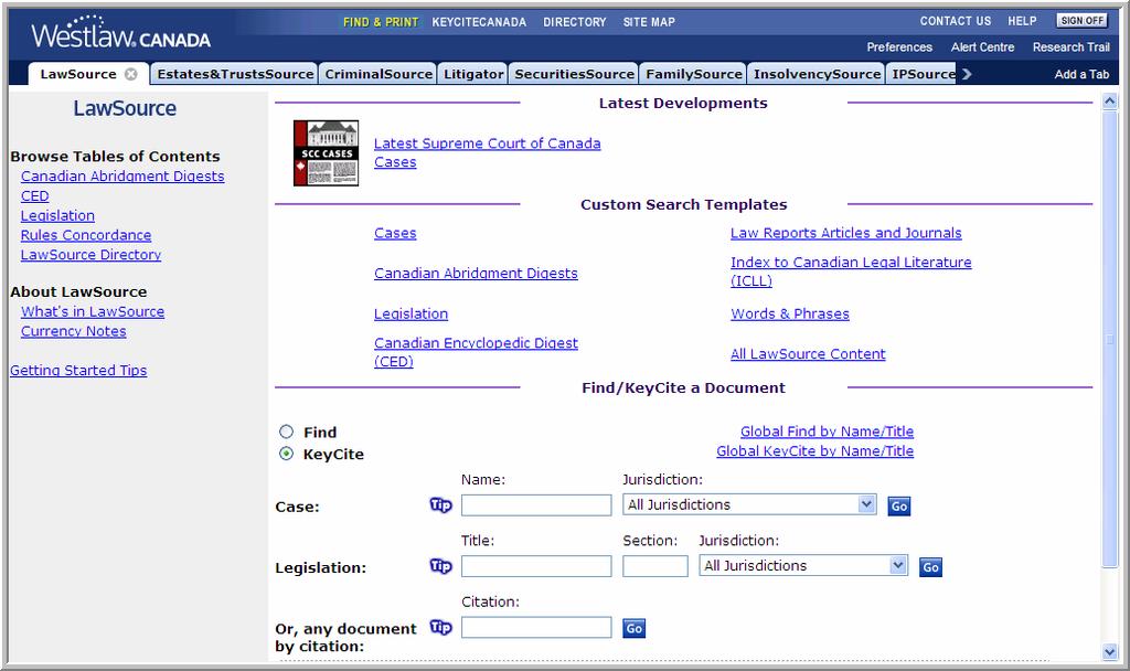 Accessing KeyCite Canada To help you work efficiently there are several ways to access KeyCite Canada: At the top of any page, click the KEYCITE CANADA link to display the KeyCite Canada page.