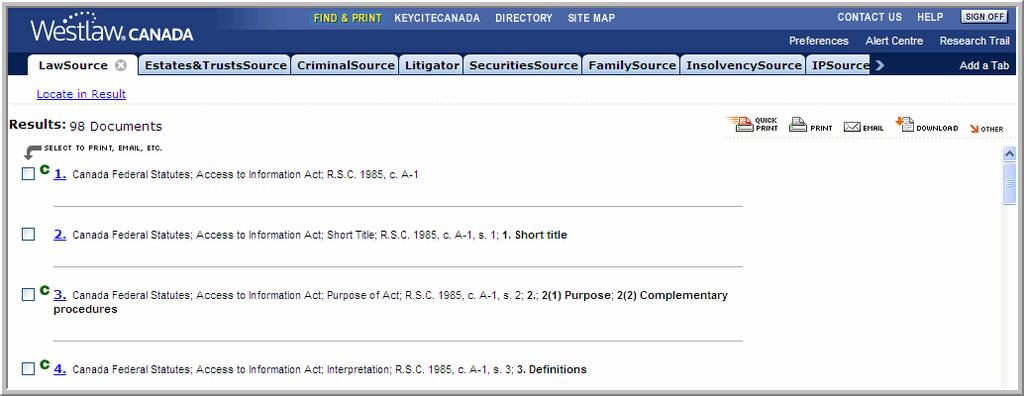 Figure 11-2: Results from Find by citation Figure 11-3: Viewing a selected document KeyCite by Citation KeyCite Canada also gives you the ability to KeyCite a specific
