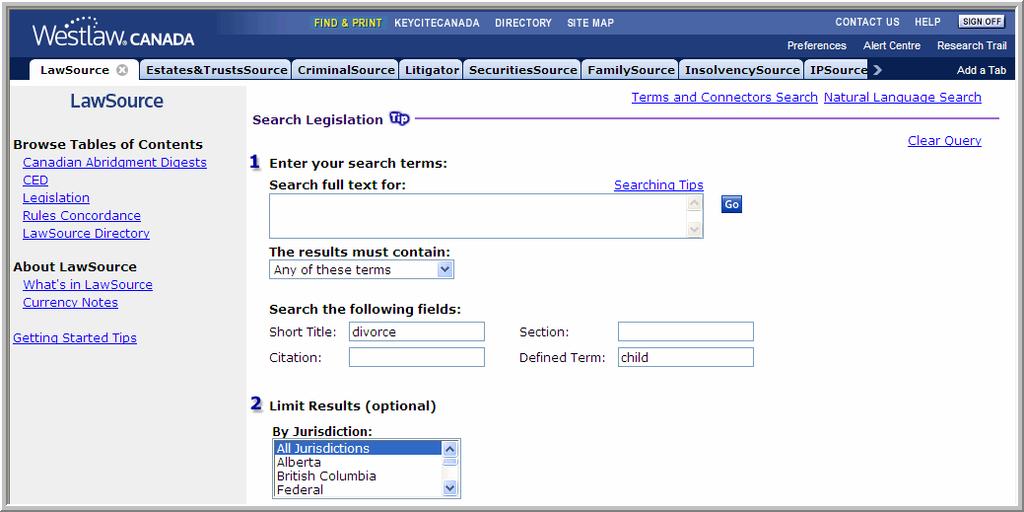 Searching Legislative and Regulatory Materials using the Custom Search Template Westlaw Canada provides you with a Custom Search