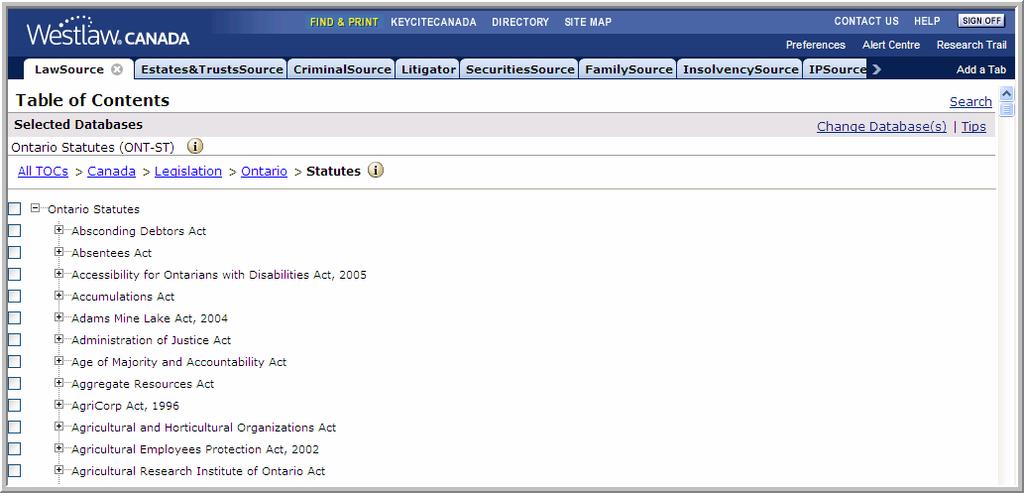Figure 11-9: Browse Tables of Contents Legislation To browse statutes, rules, or regulations for a particular jurisdiction, click its blue link to