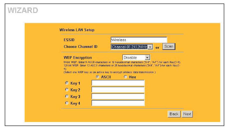 8 Continued - Wizard Setup: Wireless LAN Setup Set up your wireless LAN using the second wizard screen. WEP Encryption will prevent rogue users from accessing your wireless network.