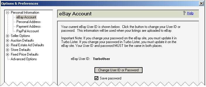 ebay Turbo Lister User Guide Version: 1.0 2)PROVIDING PERSONAL INFORMATION The information that identifies you to ebay and to potential buyers is stored in the Personal Information area.