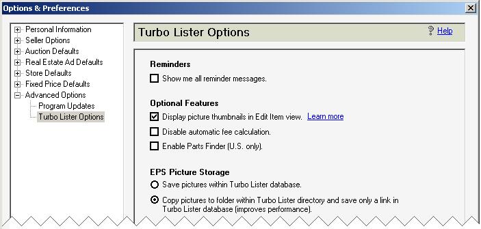 Chapter 6 Selecting Options and Preferences May 25, 2005 Selecting Turbo Lister Options The second selection from the Advanced Options list allows you to pick and choose from among several optional