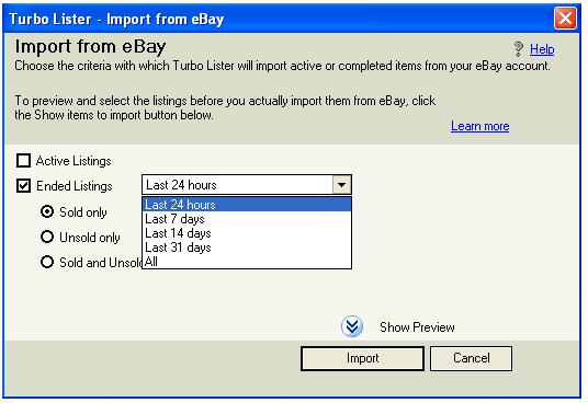 Chapter 7 Importing and Exporting Listings May 25, 2005 Importing from ebay Turbo Lister allows you to import listings that already exist on the ebay website.
