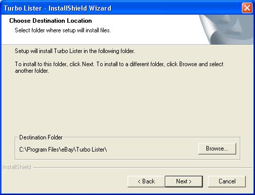 If you want to install Turbo Lister in the default location (indicated on the screen), click Next.