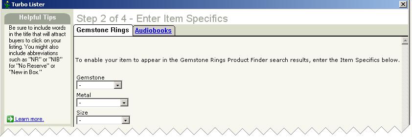 Chapter 2 Creating New Listings May 25, 2005 Adding Item Specifics If Item Specifics are available in the category you have selected, when you click Next, you will see a screen that allows you to