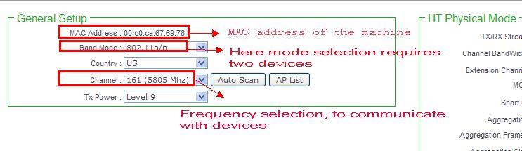 Setup in the wireless Parameter selection in 802.