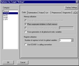 ICCAVR Settings To get the dialog options for the specific settings of the compiler, click on the ICCAVR line in the Category list. The compiler may be optimized for code size or execution speed.