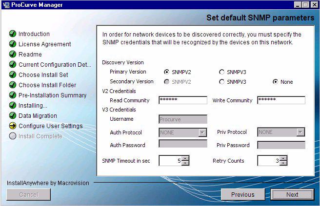Figure 13. PCM Installation, Set default SNMP parameters The PCM default uses SNMP V2 with Read and Write Community names of public to communicate with devices.