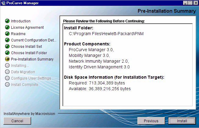 Figure 17. PCM Installation, Summary of Configuration 1. Review the configuration information. 2. To revise the settings, click Previous to go back through the User Setting configuration windows. 3.