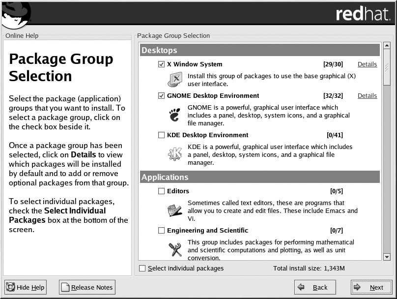 66 Chapter 3. Installing Red Hat Linux 3.27. Package Group Selection After your partitions have been selected and configured for formatting, you are ready to select packages for installation.