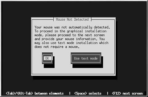 Appendix D. Troubleshooting Your Installation of Red Hat Linux 99 You can choose to continue with the GUI installation or use the text mode installation, which does not require using a mouse.