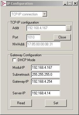 By pressing Open the data from the gateway will be read and displayed in the input field Gateway Configuration. The gateway s network address within the localization network (NWAddr.