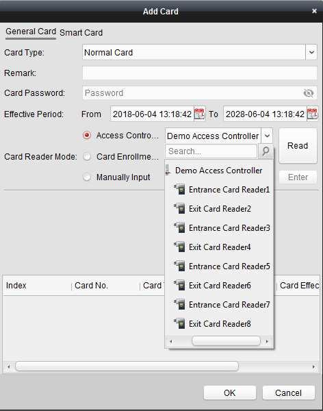Once the reader you will use to learn the card into the system is selected, click on Read then take a new card and present it to the