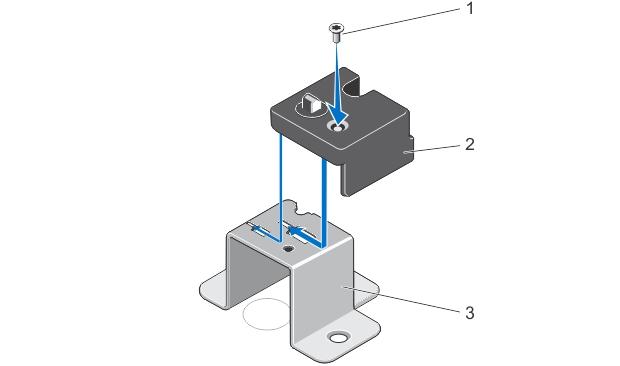 Figure 24. Installing the top cover lock latch 1. screw 2. top cover lock latch 3. latch 7. If applicable, install the PCIe card holder. 8. Install the system cover. 9.
