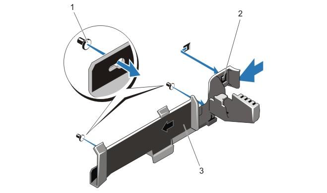 Figure 25. Removing and installing the cable retention bracket 1. alignment pins (2) 2. tab 3.