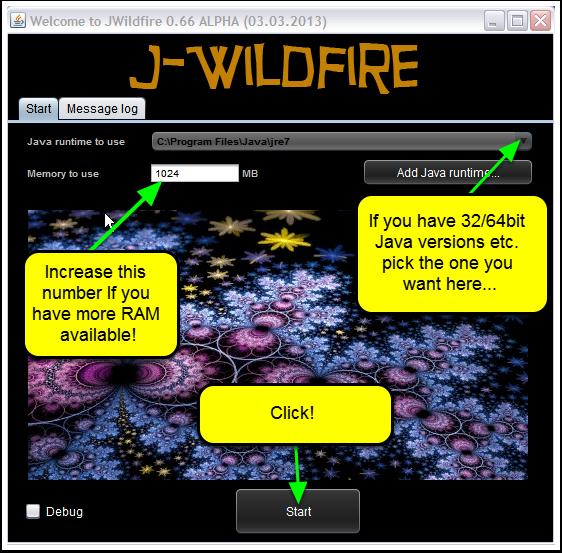 What you'll see when J-WildFire starts The first thing you'll notice when you start J-WildFire is an initial Welcome startup splash Window opening up.