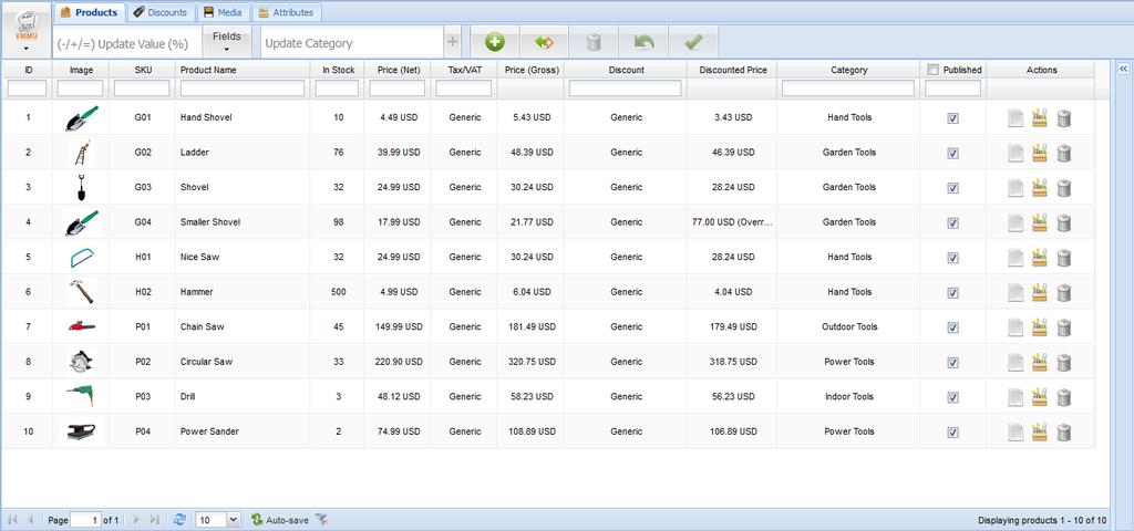 Managing Products VM Mass Update features a grid-based, Excel-like product editor, placed within a friendly and selfexplicit interface, making it easy to manage your products, no matter how many.