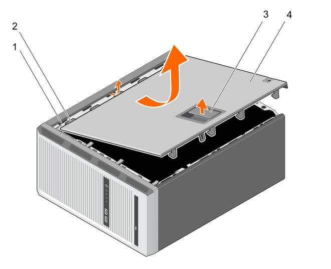 Figure 5. Removing and installing the system cover 1. slots 2. tabs 3. cover release latch 4. system cover Next steps 1. Install the system cover. 2. Place the system upright on its feet on a flat and stable surface.
