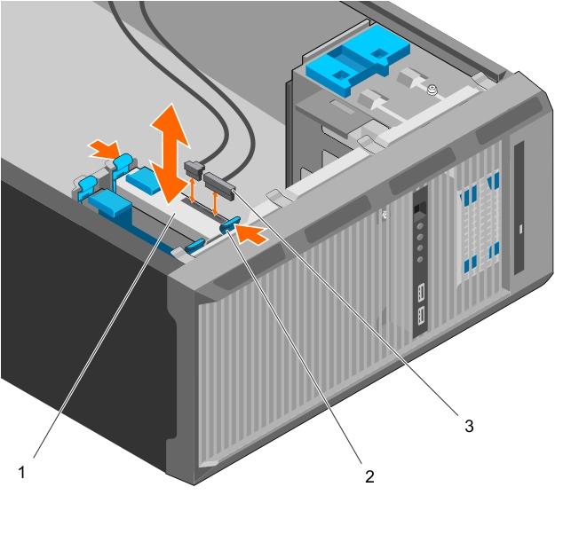 Figure 12. Removing and installing hard drive carrier from the hard drive bay Next steps 1. hard drive 2. retention clips on hard drive carrier (2) 3. hard drive power and data cables (2) 1.