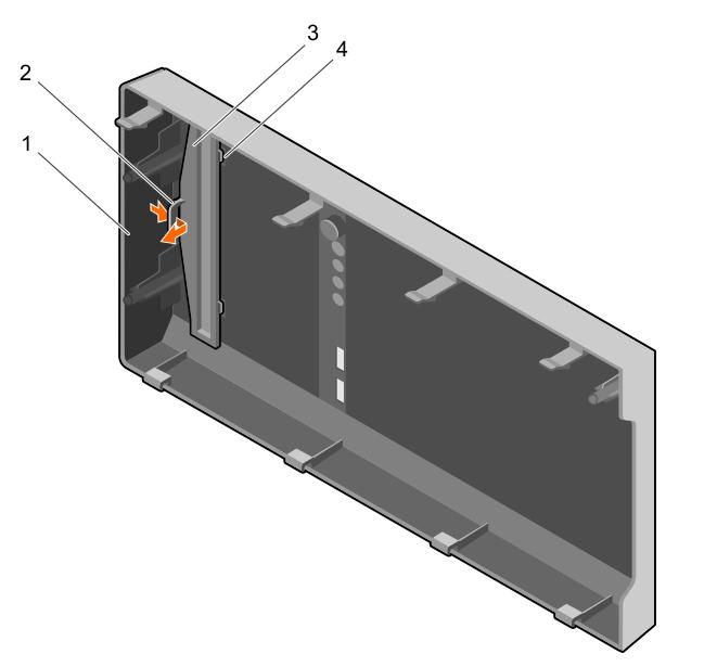 Figure 16. Removing and installing the optical drive blank from the bezel 1. bezel 2. retention clip 3. optical drive blank 4.